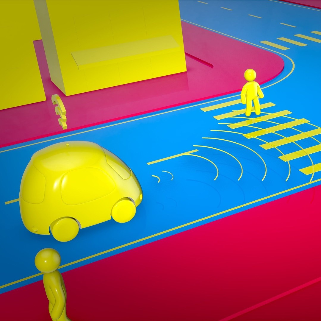 Illustration représentant une voiture autonome dont les capteurs détectent un piéton traversant la route.